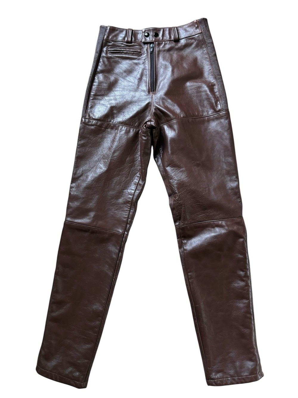 VTG Drospo Lac~Drolet Leather High Waisted Motorcycle Pants 10 Brown Zipper Leg